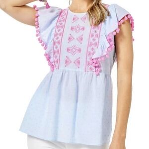 Lilly Pulitzer Raquelle Bluebell Swiss Dot Embroidered Babydoll Top